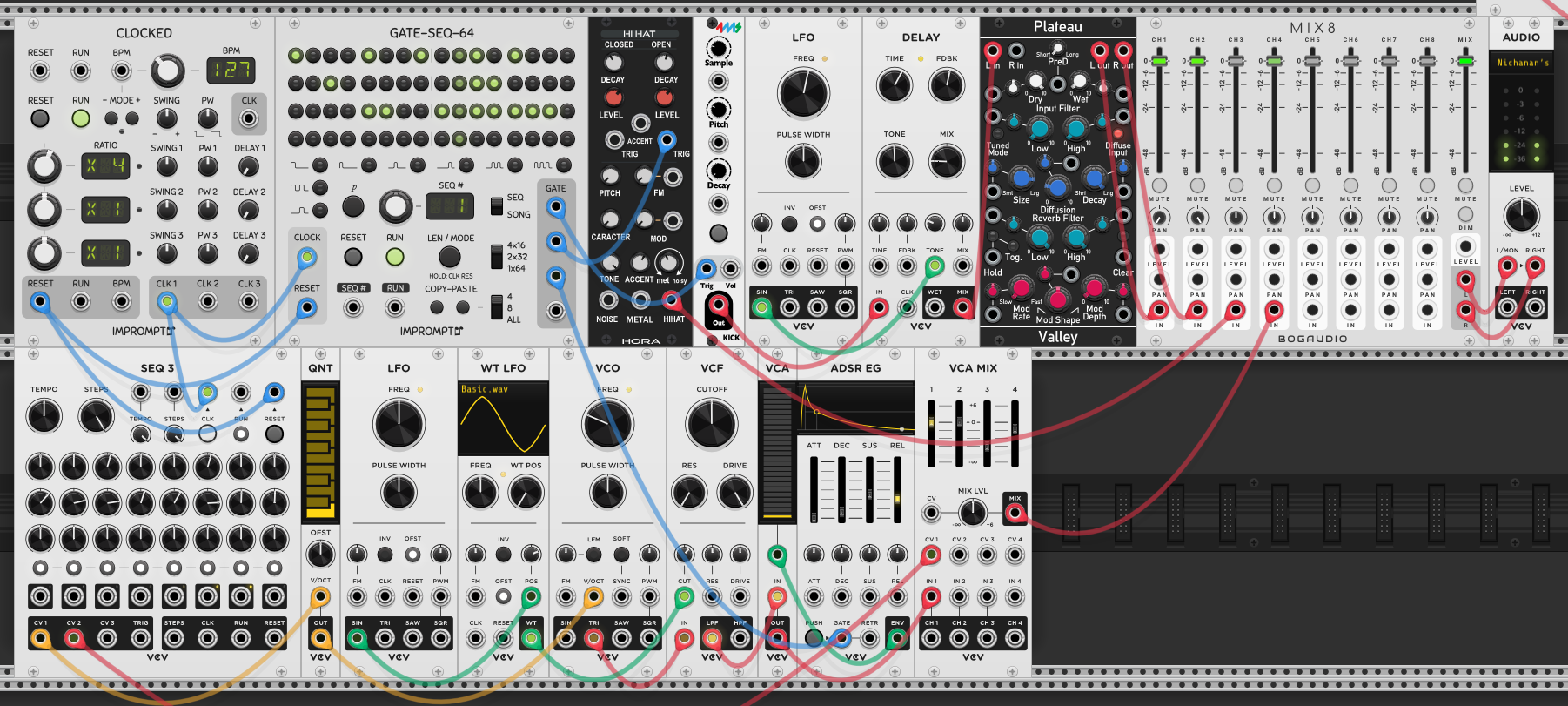 Bass with movement — SEQ-3 providing a pitch staircase through a quantizer to the VCO, and an accent lane into a VCA-MIX channel for per-step loudness