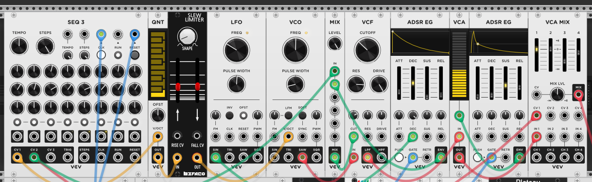 Acid voice — SEQ-3 through a quantizer and slew limiter into a saw VCO and a resonant low-pass, with a mixer summing the cutoff envelope and the accent lane into the filter cutoff, and a plucky VCA envelope