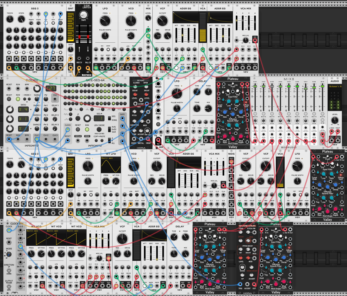 Final techno patch — four rows of modules: the acid voice on top, percussion and master mix below it, the bass voice and noise sweep on the third row, the chord stab and snare on the bottom, each voice with its own reverb