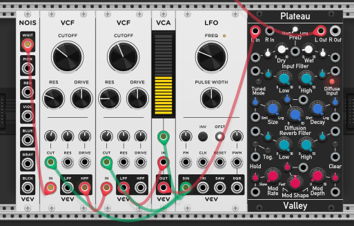 Noise sweep — noise through two filters chained as a band-pass, swept slowly by an LFO, into a long reverb