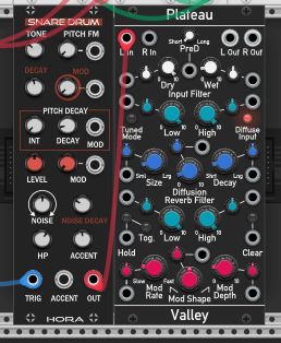 Snare voice — a Hora snare drum module triggered on the backbeat, its output sent to a dedicated Plateau reverb