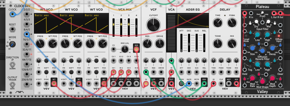 Stab voice in detail — three WT VCOs (saw) tuned to a C-minor triad, summed in a VCA-MIX, through a VCF and VCA shaped by the ADSR, triggered sparsely by the clock divider, into its own delay and Plateau reverb