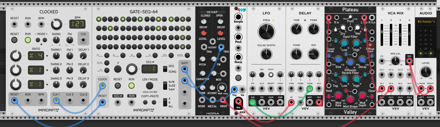 Starting patch — CLOCKED driving a gate sequencer, kick drum and hi-hat, routed through delay and Plateau reverb into VCA MIX and the audio output