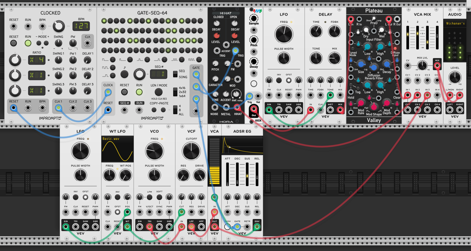 Sub bass voice — VCO sine into VCF into VCA, gated by an ADSR from the gate sequencer, with WT LFO modulating the filter cutoff