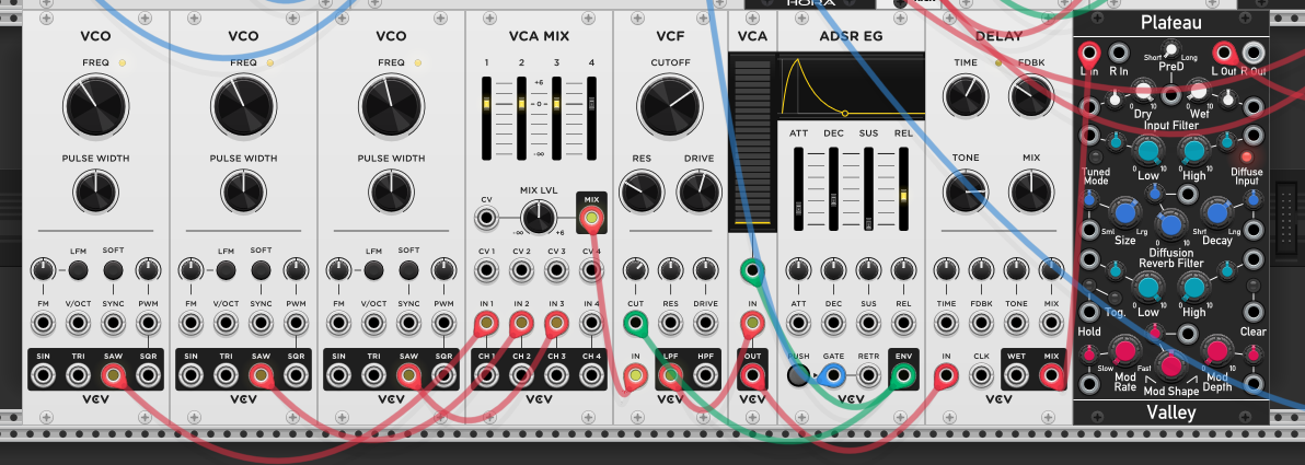 Deep stab — three detuned saw VCOs tuned to a C-minor triad, summed in VCA-MIX, through a low-pass VCF with drive, into a VCA, gated and brightened by one ADSR off the sequencer's offbeat row, then into a tempo-synced delay and a dark reverb