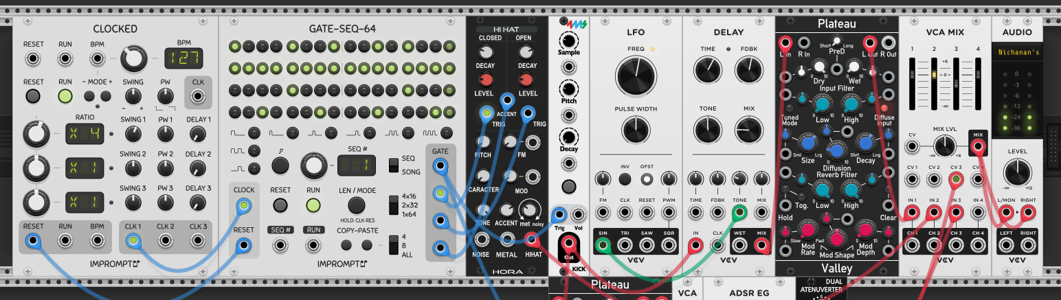 Rolling hats — three GATE-SEQ-64 rows feeding the Hora hi-hat: a steady 16th closed-hat row, an offbeat open-hat row, and an accent row into the hat's ACCENT input, with swing dialed on CLOCKED