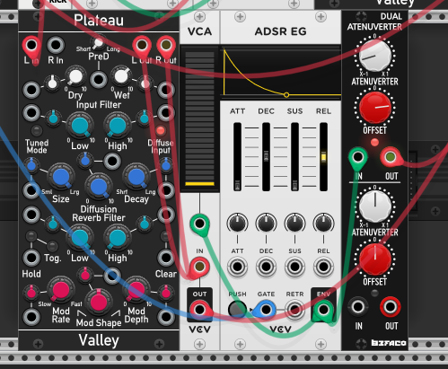 Rumble kick — kick into a dedicated long, dark Plateau reverb, its tail returned on a mixer channel whose CV is ducked by an ADSR off the kick gate, inverted and raised through a Befaco atenuverter