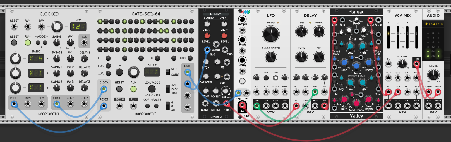 Starting patch — CLOCKED clocking GATE-SEQ-64, a kick module and the Hora hi-hat, through DELAY and a Plateau reverb into VCA MIX and the audio output