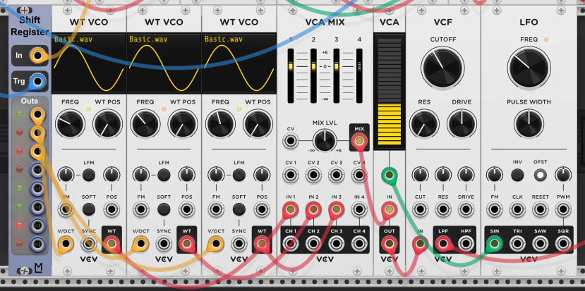 Voice 1's quantizer feeds a shift register's In, triggered by Chances' output B on a /2 division; three of the register's Outs drive three WT VCOs on Basic.wav, summed through VCA MIX into a VCA swelled by a slow LFO sine, then through a low-pass VCF.