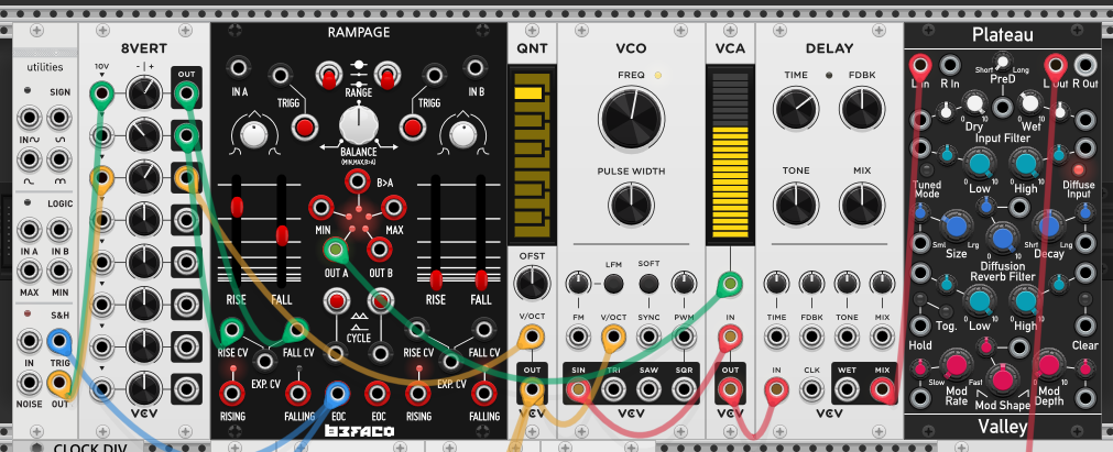 S&H sampling noise into an 8VERT attenuverter, then through QNT into the VCO, into VCA and DELAY. Rampage in cycle mode driving the timing, its OUT A enveloping the VCA. Plateau reverb on the end of the chain.