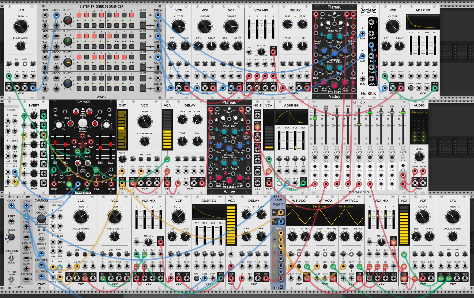 The complete three-row rack. Top row: the rain — an LFO-clocked trigger sequencer pinging four VCFs (one via the Boolean module), through VCA MIX, a delay and a Plateau. Middle row: the breeze (8VERT, Rampage, quantizer, VCO, VCA, delay, Plateau), the pink-noise static, and the MIX8 master mixer out to AUDIO. Bottom row: the ring-mod string (clock divider, Chances, two VCOs, VCA MIX, VCF, ADSR) and the wavetable bass drone (shift register into three WT VCOs, VCA MIX, VCA, VCF, LFO).