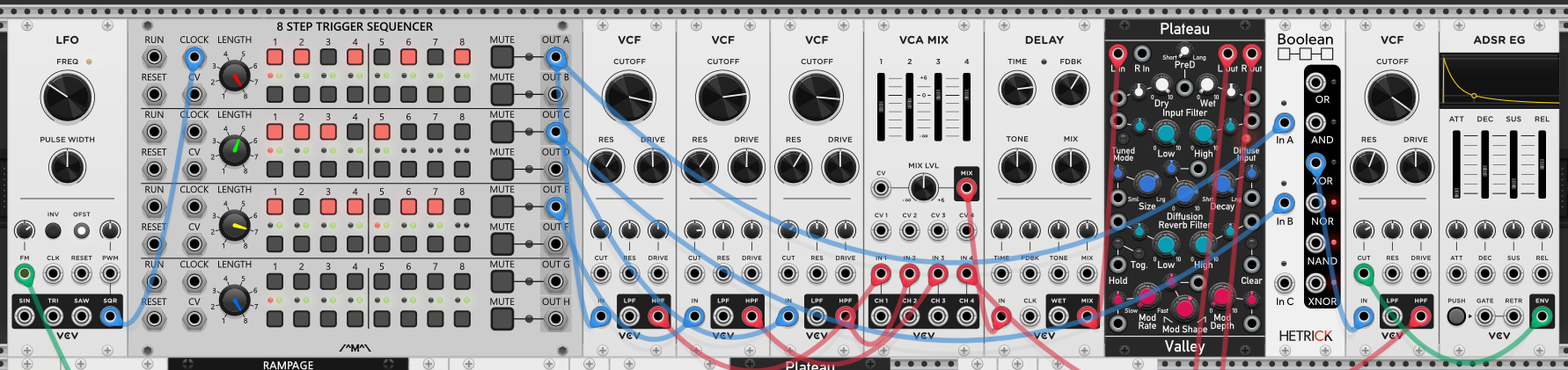 LFO square clocking an 8-step trigger sequencer; rows ping three VCFs at high resonance, while rows A and C also feed a Boolean logic module whose output pings a fourth VCF tuned far from the rest. All four filters sum through VCA MIX into the delay and Plateau. The LFO's frequency is modulated by Rampage's cycle B.