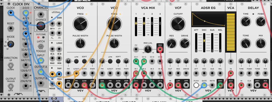 VCO saw into VCA MIX channel 1, enveloped by the ADSR through CV1, then channel 1's output into channel 2 where the second VCO's sine modulates CV2 — two channel VCAs in series doing pluck then ring mod. Clock divider feeds CHANCES for the gate and a /2 division clocks an S&H sampling the breeze voice's quantizer for pitch. Mix out runs through VCF and DELAY.