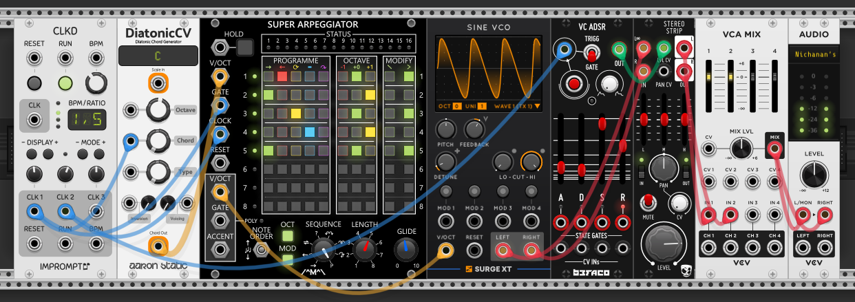 DiatonicCV's chord patched straight into the Super Arpeggiator's V/OCT with no gate — STATUS shows only a single lit channel, so the arp plays just one note of the chord.