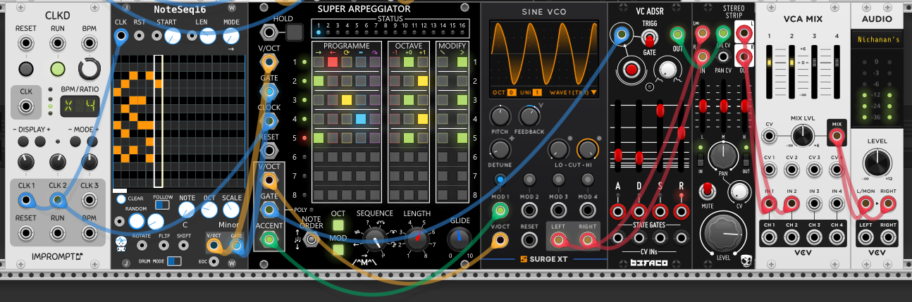 The full rack with the Super Arpeggiator programmed: NoteSeq16 feeding a five-note held chord (STATUS shows five lights) into the arp, whose PROGRAMME grid has a different direction per step (reds, greens, cyans, purples down the rows), OCTAVE has per-step octave offsets, and MODIFY has accent flagged on steps 1, 3 and 5; LENGTH set to five steps. The arp's ACCENT output is patched to the Surge sine VCO's feedback, and the arp drives that VCO into the VC ADSR, Stereo Strip, VCA MIX and Audio.