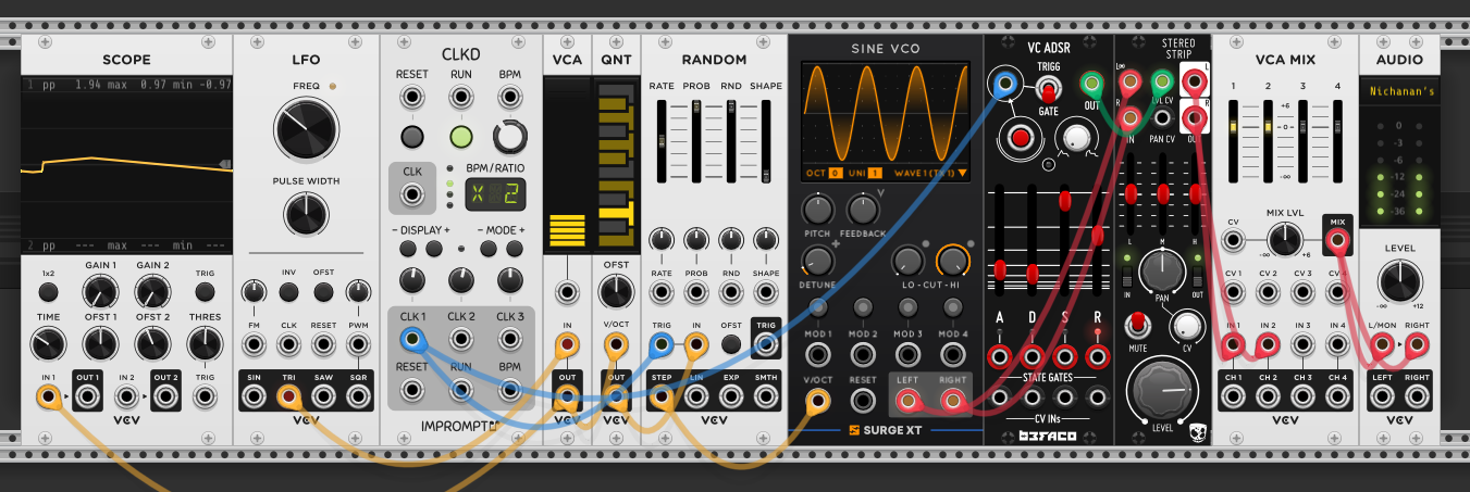 An LFO's triangle output through a VCA used as an attenuator, into a quantizer, sampled by the Random module's S&H on each clock trigger, then into the Surge sine VCO. A scope shows the stepped rising-falling pitch contour.