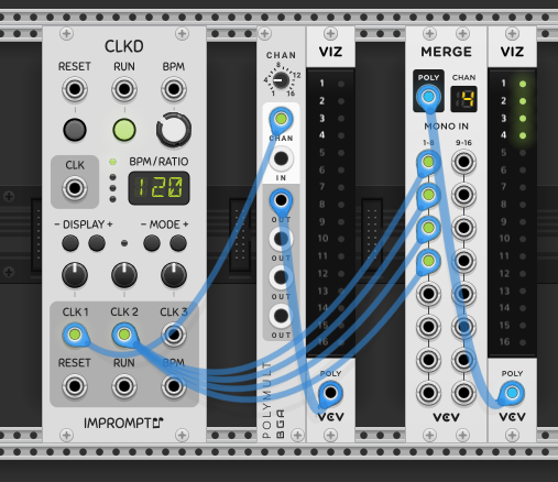A small test rack: Clocked into a Bogaudio POLYMULT with its channel count set, its poly output into a polyphony visualizer; and a VCV MERGE with several mono inputs patched and its CHAN set to 4, its poly output into a second visualizer showing four lit channels.