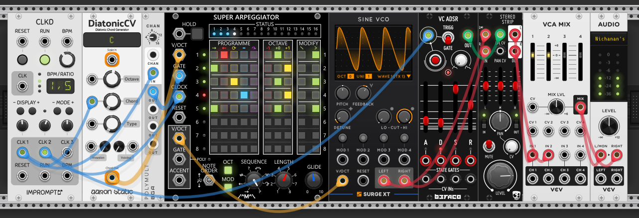 A Bogaudio POLYMULT inserted between DiatonicCV and the Super Arpeggiator: DiatonicCV's poly V/OCT feeds the arp's V/OCT while POLYMULT widens a single gate into a polyphonic gate feeding the arp's GATE — STATUS now shows several lit channels and the arp steps through every note of the chord.