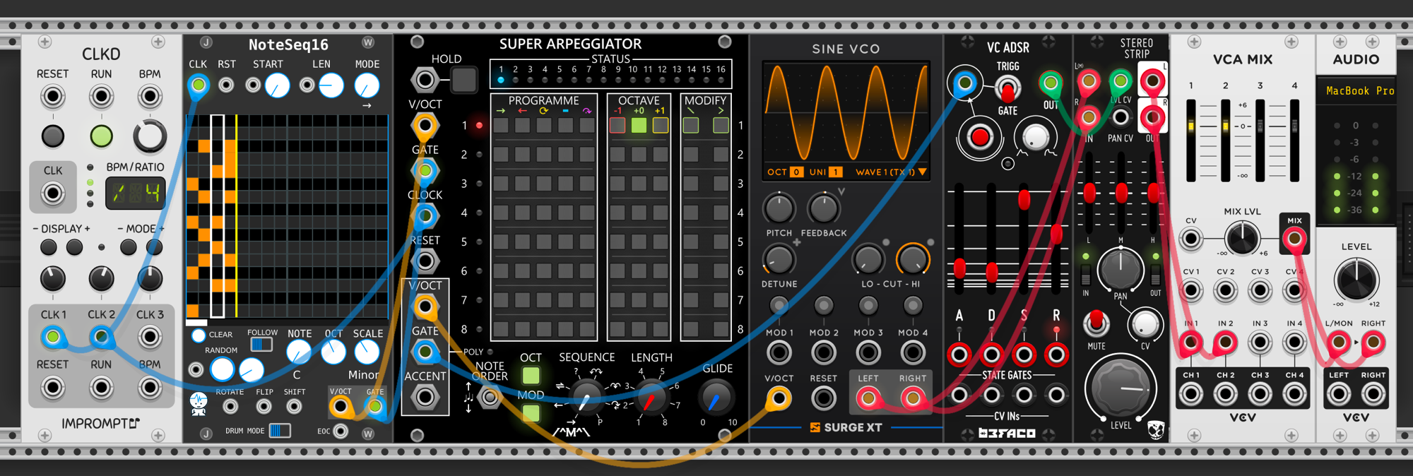 NoteSeq16 grid sequencer feeding the Count Modula Super Arpeggiator, which drives the same Surge sine VCO, VC ADSR, Stereo Strip, VCA MIX and Audio chain.