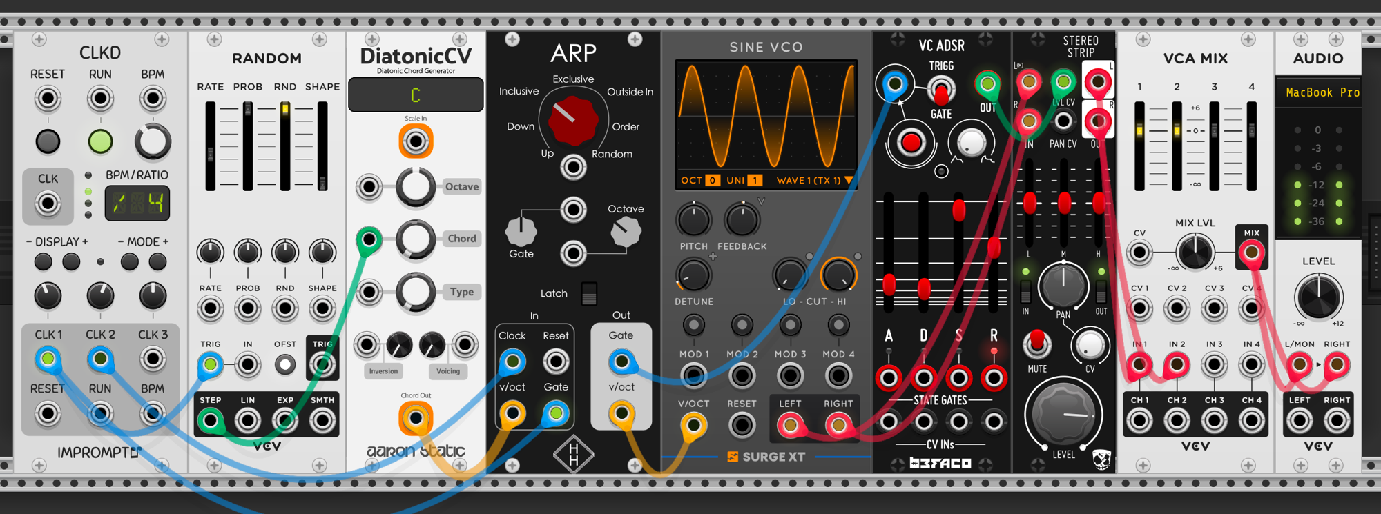 Left to right: Clocked (CLKD) master clock, VCV Random modulating DiatonicCV's chord selection, DiatonicCV outputting a polyphonic chord into the ARP, ARP's v/oct and gate driving a Surge sine VCO and a Befaco VC ADSR, through a Stereo Strip and VCA MIX to Audio. A slow clock division clocks Random and triggers the ARP's reset; a fast multiplication clocks the ARP's steps.