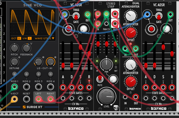 The arp bass voice: Surge sine VCO into a Befaco VC ADSR and stereo strip, with a Befaco Dual Atenuverter inverting a second VC ADSR's envelope into the strip's level CV.
