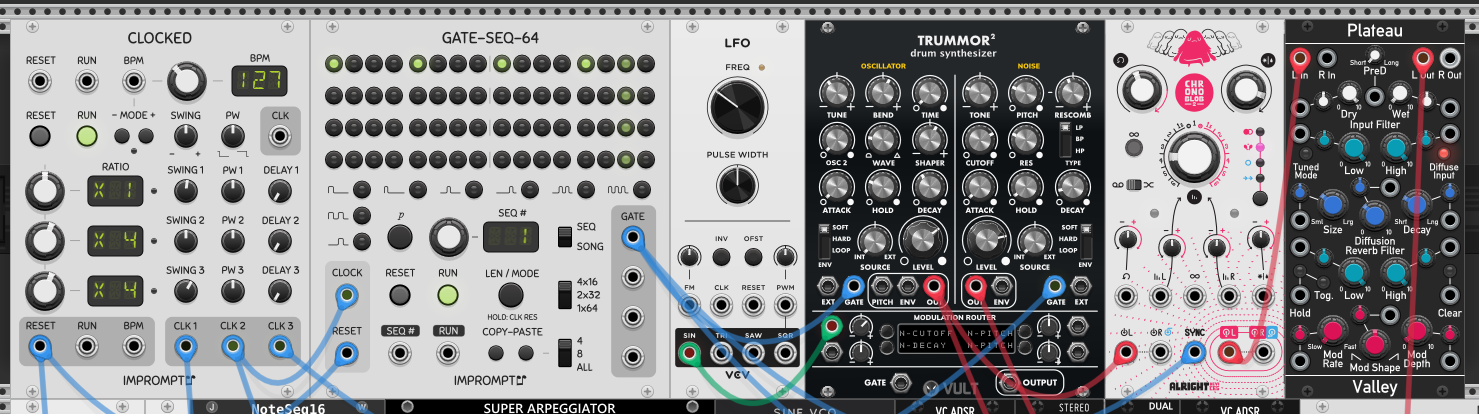 The Trummor² with its noise section gated separately from the kick: a swung x4 clock from Clocked drives the noise gate, an LFO modulates the noise cutoff through the modulation router, and the oscillator and noise sections run to separate outputs.