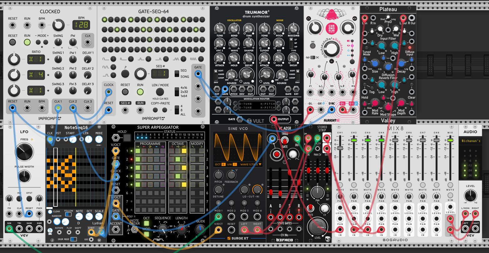 Top row: Impromptu Clocked, an Impromptu Gate-Seq-64, a Vult Trummor² drum synth, Chronoblob delay, and a Valley Plateau reverb. Bottom row: a VCV LFO, NoteSeq16, the Count Modula Super Arpeggiator, a Surge sine VCO, Befaco VC ADSR, a stereo channel strip, and a Bogaudio MIX8 into Audio. The clock drives both the gate sequencer feeding Trummor and the arpeggiator chain.