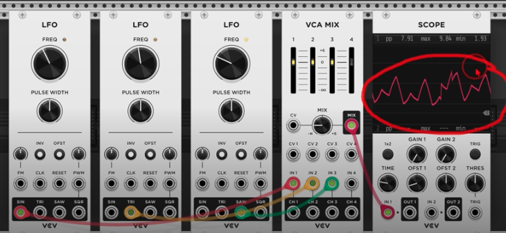 Three LFOs mixed through VCA MIX — complex modulation shape on scope