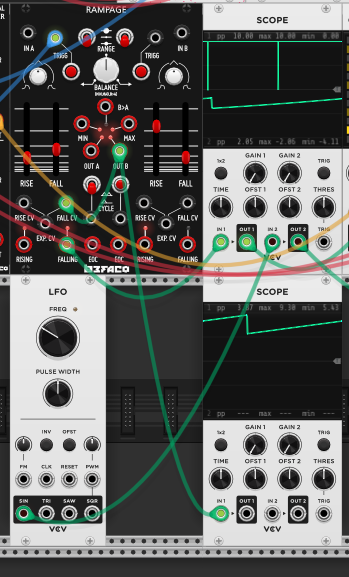 Rampage (top scope) vs LFO (bottom scope) — both cycling modulation sources