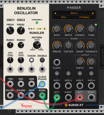 Venom's Benjolin Oscillator with its CLOCK input fed by the x4 clock and its RUNG output patched into the Surge XT Phaser on the Aliens preset (sine LFO, 6 stages).
