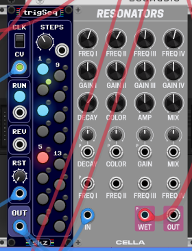 skz trigSeq with steps 1, 3 and 5 on, clocked by the x4 of Clocked, pinging the Cella Resonators module — four independently tunable resonators with per-band FREQ and GAIN, global DECAY, COLOR, AMP and MIX.