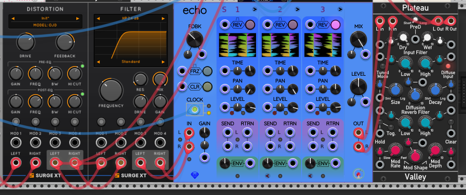 A parallel stream off the distortion voice: Surge XT Filter set to a 24 dB highpass, into the Sapphire Echo multi-tap delay (three taps with independent time, pan and level), into its own Valley Plateau reverb on a separate mixer channel.