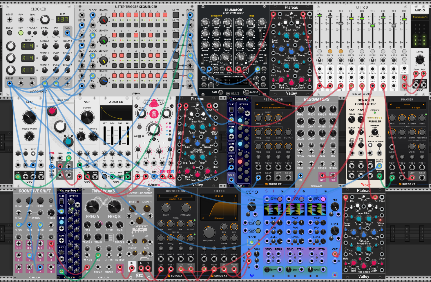The whole rack: Clocked and the 8 Step Trigger Sequencer at top driving every voice; Trummor² into a Plateau for drums; the liquid filter ping voice with Chronoblob and its Plateau; trigSeq pinging the Cella Resonators; the Benjolin Oscillator into the Surge phaser; Cognitive Shift, stepSeq and Twin Peaks into Electric Ensemble, Distortion and the highpassed Echo send with its own Plateau; everything summed in a Bogaudio MIX8 to the audio interface.