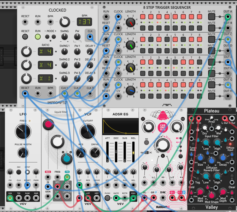 Clocked master clock at 137 BPM driving an 8 Step Trigger Sequencer. One row's trigger output pings the Audible Instruments Liquid Filter, whose BP2 bandpass output feeds a VCV VCF with an ADSR EG on its cutoff. An LFO sine modulates the liquid filter's frequency. The VCF's LPF output runs into a Chronoblob2 stereo delay and on into a Valley Plateau reverb.
