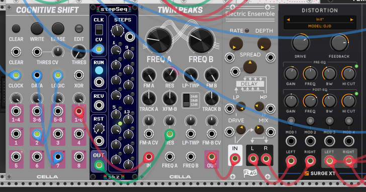 Cella Cognitive Shift shift register and skz stepSeq, both clocked from a x4 multiplication of Clocked, driving the Cella Twin Peaks dual resonant filter. Twin Peaks' output runs through the Electric Ensemble delay/chorus into the Surge XT Distortion (OJD model).