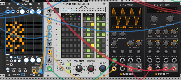 NoteSeq16 feeding the Count Modula Super Arpeggiator, whose ACCENT output drives a Surge XT Sine VCO's feedback; the VCO runs into a Surge XT Distortion on the Soft model with its pre- and post-EQ bands.