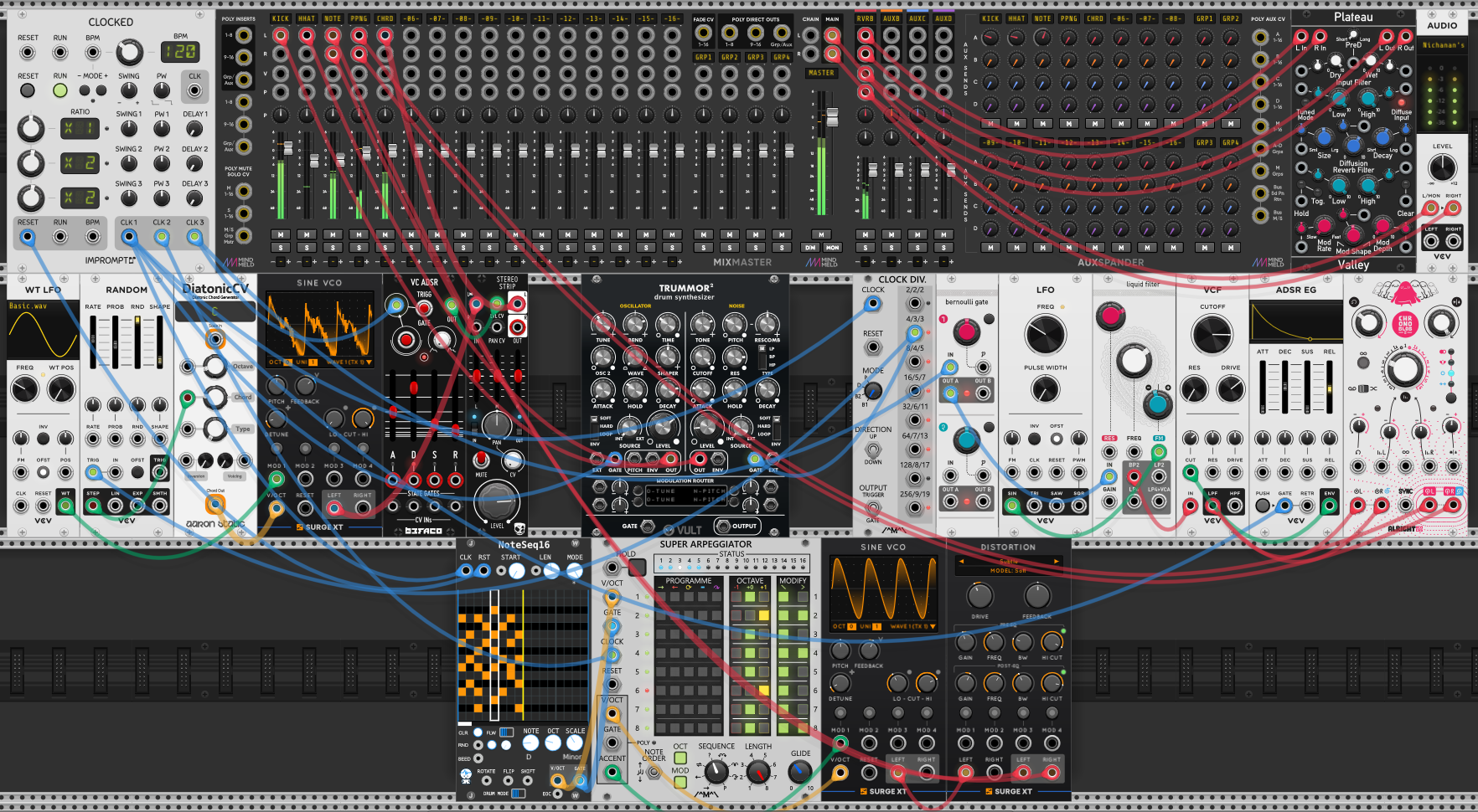 The complete rack: Clocked driving everything; the MindMeld MixMaster and AuxSpander across the top with a Valley Plateau reverb on the aux bus and the VCV Audio out; below them the arpeggiated voice, the static-chord voice, the pinged-filter voice and a Trummor² for drums.