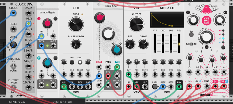Count Modula Clock Div feeding a Bernoulli Gate that routes each trigger to one of two outputs by probability; an LFO; the Audible Instruments liquid filter being pinged; a VCV VCF with an ADSR EG on its cutoff; and a Chronoblob2 stereo delay on the right.