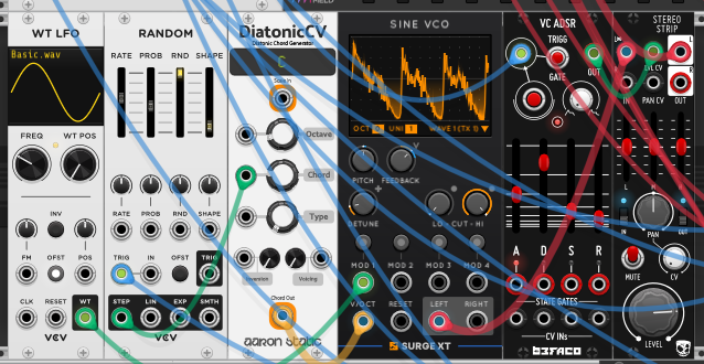 WT LFO and VCV Random on the left; Random's stepped output selects chords on Aaron Static's DiatonicCV, whose polyphonic Chord Out feeds the Surge XT Sine VCO's V/OCT directly — no arpeggiator. The WT LFO modulates the VCO's feedback, and the VCO scope shows a jagged, broken-up waveform. A Befaco VC ADSR shapes the level of a Befaco Stereo Strip the voice runs through.