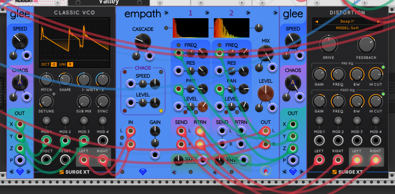 Sapphire Glee chaos modulating a Surge XT Classic VCO set to 9 unison voices at a low octave; the VCO runs into the Empath dual filter, whose first stage sends out to a Surge XT Distortion and returns; a second Glee modulates the filter. Valley reverb at the top.