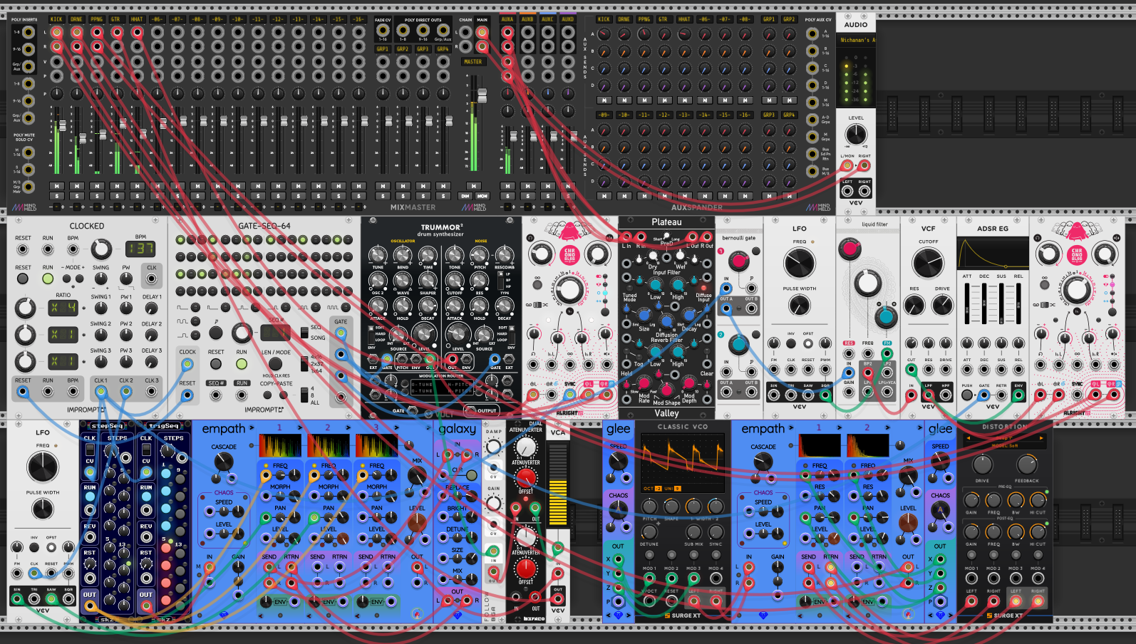 The complete rack: MindMeld MixMaster and AuxSpander across the top feeding Plateau and Galaxy reverbs and the Audio out; Clocked, GATE-SEQ-64 and Trummor² for drums; a bernoulli-gated liquid-filter ping voice; and below, the two Empath filter chains, two Glee chaos sources, the unison Classic VCO and the distortion.