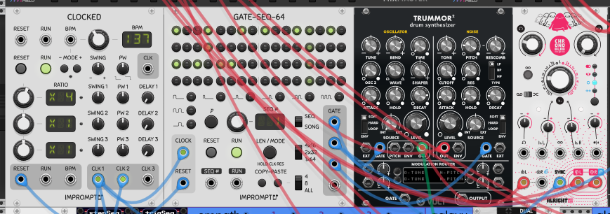 Impromptu Clocked and a GATE-SEQ-64 gate sequencer driving a Trummor² drum synth — kick from its oscillator section, hat from its noise section — with the kick running out through a Chronoblob delay.