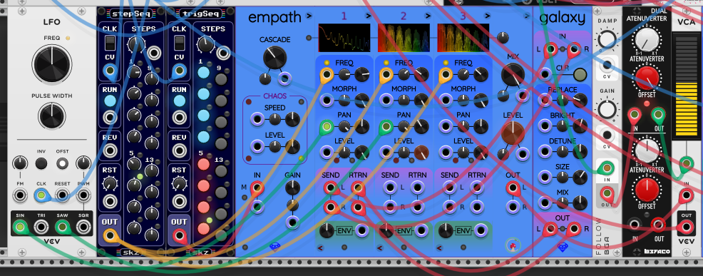 A skz stepSeq and trigSeq driving a second Empath filter chain — the stepSeq setting pitch, the trigSeq the rhythm; a Befaco BGA envelope follower tracking the kick into a Befaco Dual Atenuverter that inverts it to duck the static voice's VCA; Sapphire Galaxy reverb alongside.