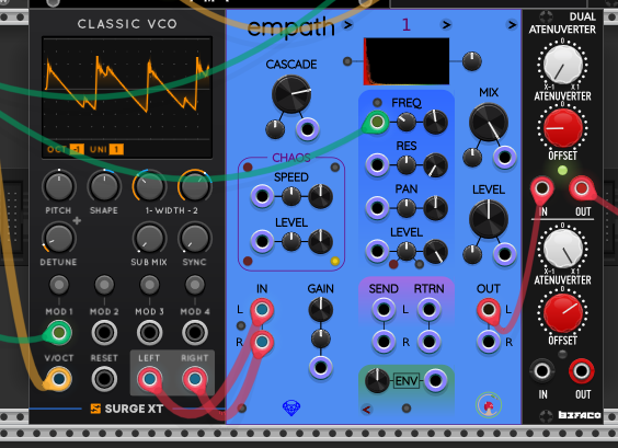 A Surge Classic VCO taking its pitch from the same Super Arpeggiator, into a Sapphire Empath filter whose FREQ is modulated by the inverted, multed LFO; the Empath output runs through a Befaco Dual Atenuverter on its way to the mixer.