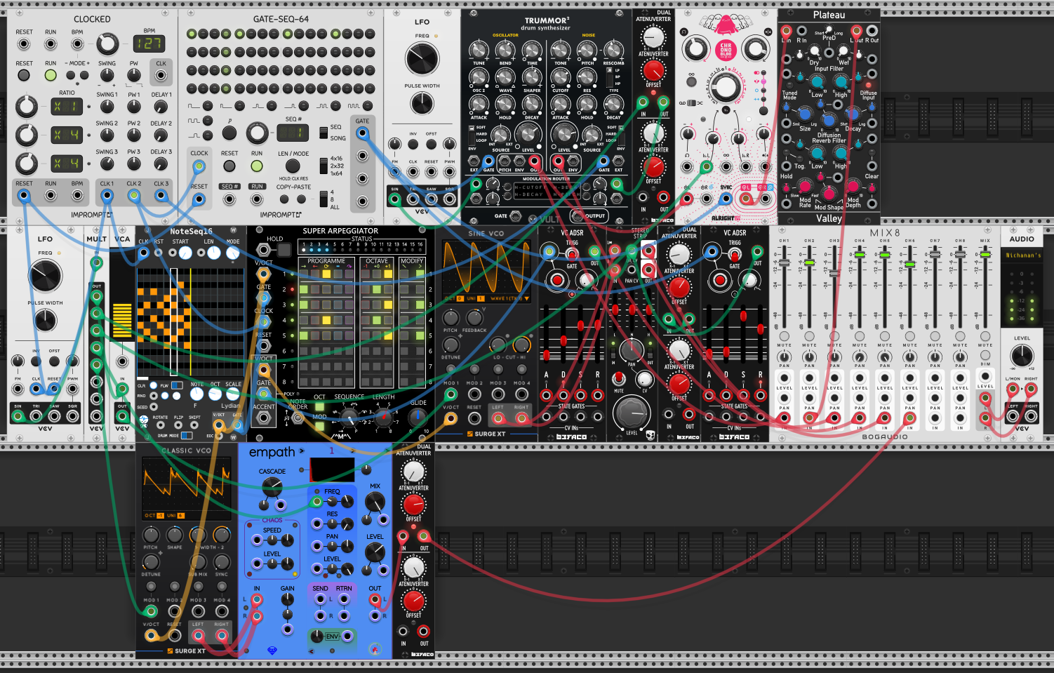 The complete rack: Clocked and GATE-SEQ-64 driving Trummor² (kick + hat), the rolling arp (NoteSeq16 → Super Arpeggiator → Surge Sine VCO) and the Classic VCO → Empath chord layer below; one slow LFO through a MULT fanning to four destinations; Chronoblob delay and Plateau reverb on the kick; everything summed on a Bogaudio MIX8.