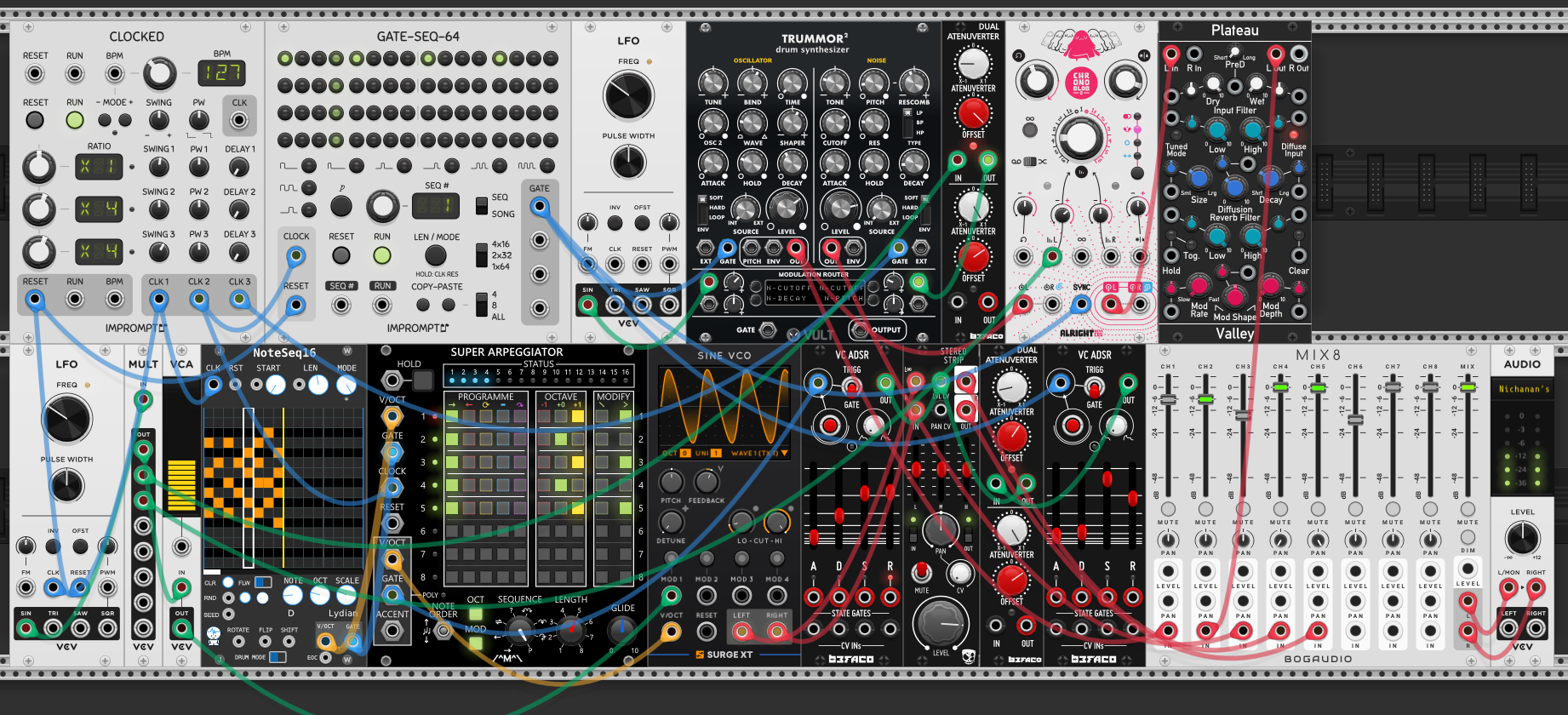 The same rack with a MULT added after the slow LFO: the one LFO contour now fans to the arp's VCA (as before), to the kick's Chronoblob delay-time CV (subtle), and through a Dual Atenuverter that inverts it on the way to the Trummor noise hat's cutoff.