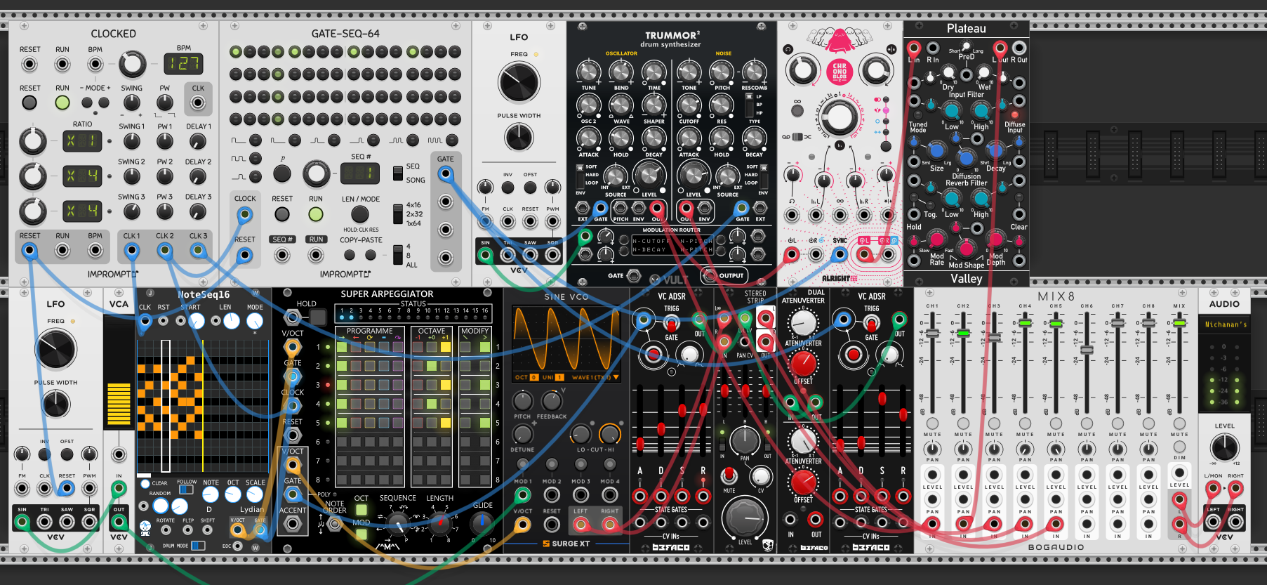 The forked session 29 rack: Impromptu Clocked and a GATE-SEQ-64 driving a Trummor² kick (through a Chronoblob delay into a Plateau reverb) and a noise hat; a NoteSeq16 → Super Arpeggiator → Surge Sine VCO rolling arp through a VCA and Stereo Strip; a slow clock-synced LFO modulating that VCA. Everything summed on a Bogaudio MIX8.