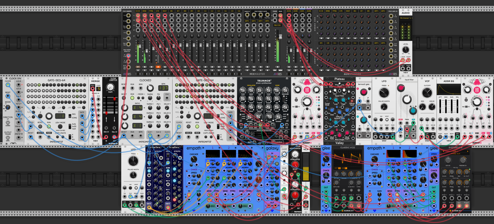 The complete rack: the forked session 32 patch — five voices through a MindMeld MixMaster and AuxSpander — plus the arrangement chain at the left, Clock Div → a second GATE-SEQ-64 → Merge → Slew Limiter into the mixer's poly mute input. Trummor² drums, the two Empath filter chains, Glee chaos sources, the Classic VCO drone and the distortion sit below.