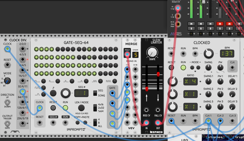The arrangement routing: the master clock into a Count Modula Clock Div, its ÷16 output clocking a second GATE-SEQ-64; the seq's four lanes split into a VCV Merge on channels 1, 3, 4 and 5 with channel 2 (the drone) left empty; the merged poly cable running through a Befaco Slew Limiter into the MixMaster's 1-16 poly mute input.