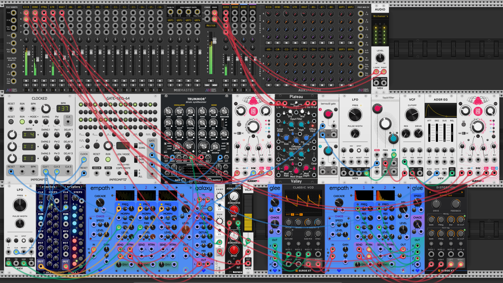 The forked session 32 rack running static: five voices — drone, static beat, kick, hat and ping — through a MindMeld MixMaster and AuxSpander, with Plateau and Galaxy reverbs, Trummor² drums, the two Empath filter chains and the Glee chaos sources, all summed to Audio.